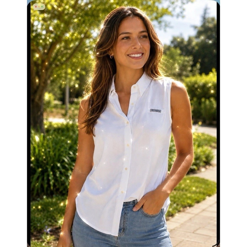 COLUMBIA PFG  Medium OMNI-SHIELD PFG Sleeveless WHITE SHIRT Snap Close Vented